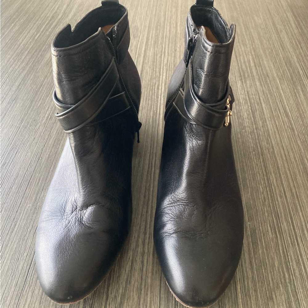 Coach Black Ankle Booties with Gold Buckle Detail slight wear - Picture 2 of 5
